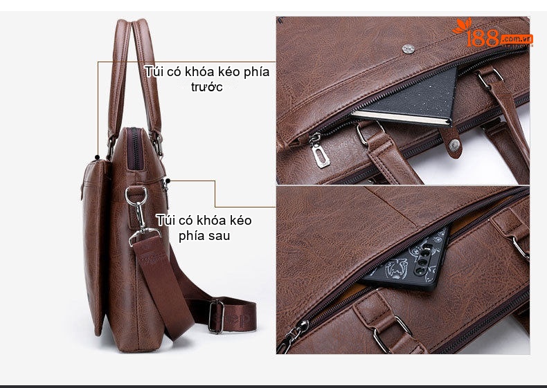 Túi Đeo Vai Nam Da Bóng Đựng Laptop, Túi Xách Công Sở, Túi Xách Tay Màu Đen, Nâu chi tiết 7
