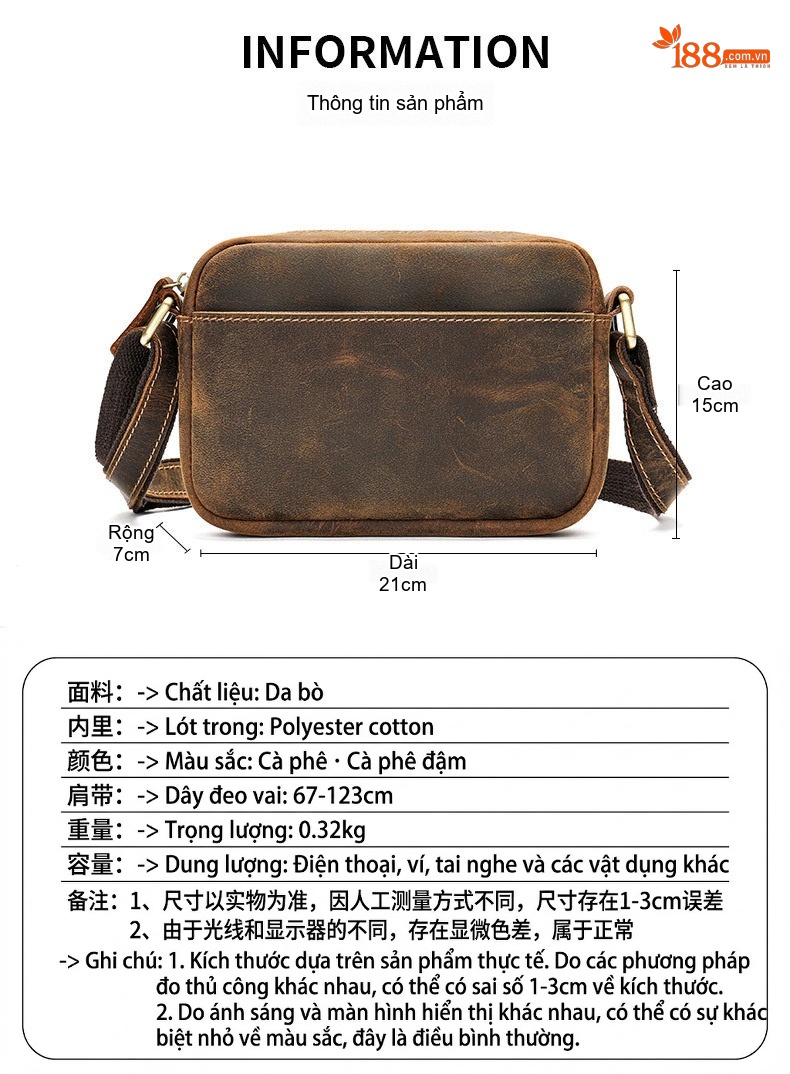 Túi Đeo Vai Nam Da Mờ Phong Cách Retro, Túi Đeo Chéo Nam Dung Tích Lớn Màu Nâu chi tiết 3