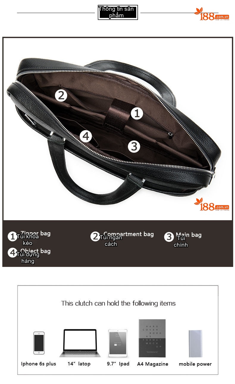 Túi Đeo Vai Nam Da Thật Công Sở Đa Năng Đựng Laptop Sức Chứa Lớn Màu Đen chi tiết 14