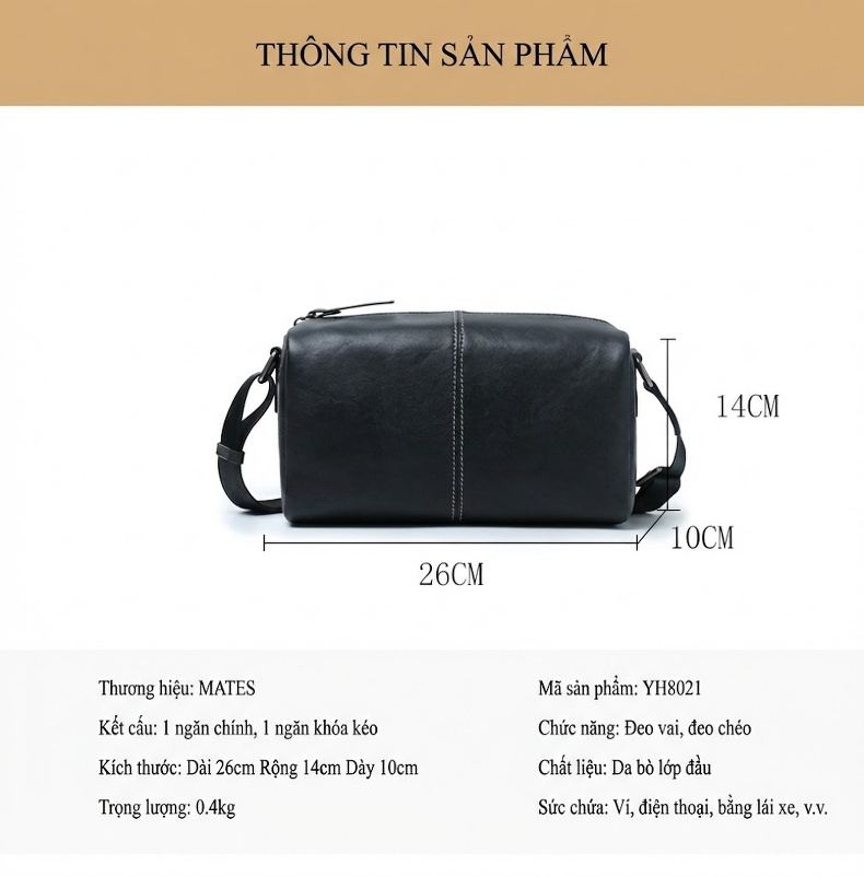 Túi Đeo Vai Nam Da Thật Dáng Gối Kiểu Đeo Chéo Thời Trang Công Sở Màu Đen chi tiết 10