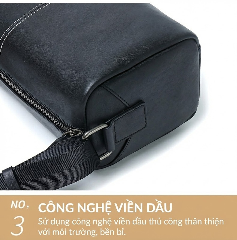Túi Đeo Vai Nam Da Thật Dáng Gối Kiểu Đeo Chéo Thời Trang Công Sở Màu Đen chi tiết 17