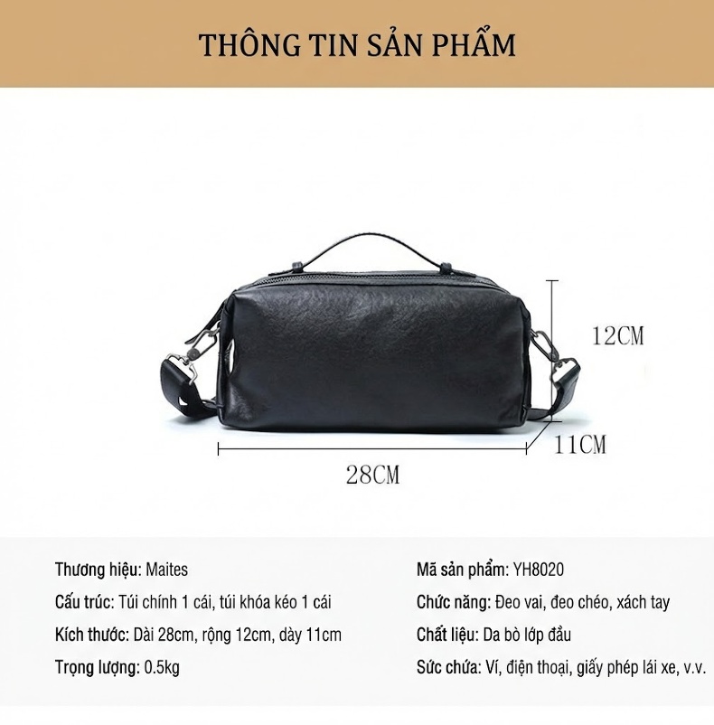 Túi Đeo Vai Nam Da Thật Đeo Chéo Da Mềm Thời Trang Đơn Giản Dung Tích Lớn Màu Đen chi tiết 11