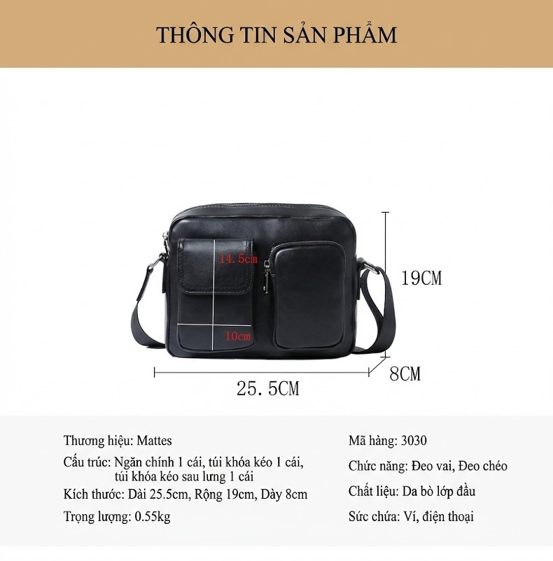 Túi Đeo Vai Nam Da Thật Đeo Chéo Dáng Ngang Túi Hộp Nhỏ Màu Đen chi tiết 10