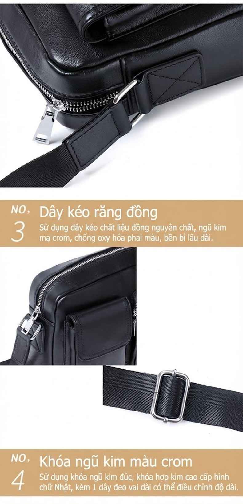 Túi Đeo Vai Nam Da Thật Đeo Chéo Dáng Ngang Túi Hộp Nhỏ Màu Đen chi tiết 16