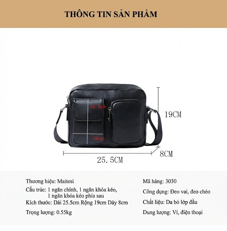 Túi Đeo Vai Nam Da Thật Đựng Vừa Laptop Phong Cách Đô Thị Màu Đen chi tiết 9