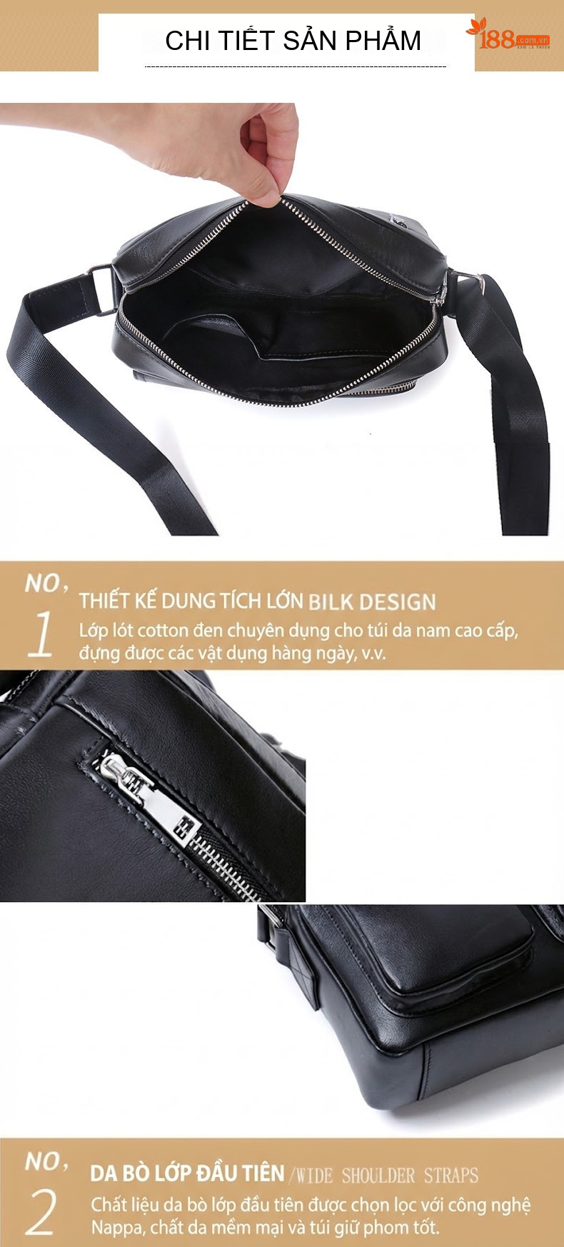 Túi Đeo Vai Nam Da Thật Đựng Vừa Laptop Phong Cách Đô Thị Màu Đen chi tiết 14