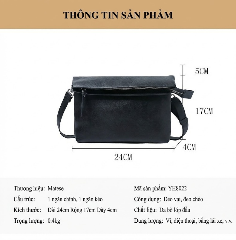 Túi Đeo Vai Nam Da Thật Kiểu Dáng Đơn Giản Màu Đen chi tiết 9