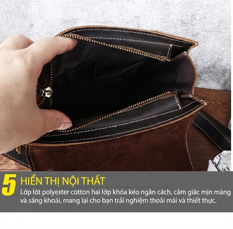 Túi Đeo Vai Nam Da Thật Mad Dog Kiểu Đứng Vintage Màu Nâu chi tiết 22