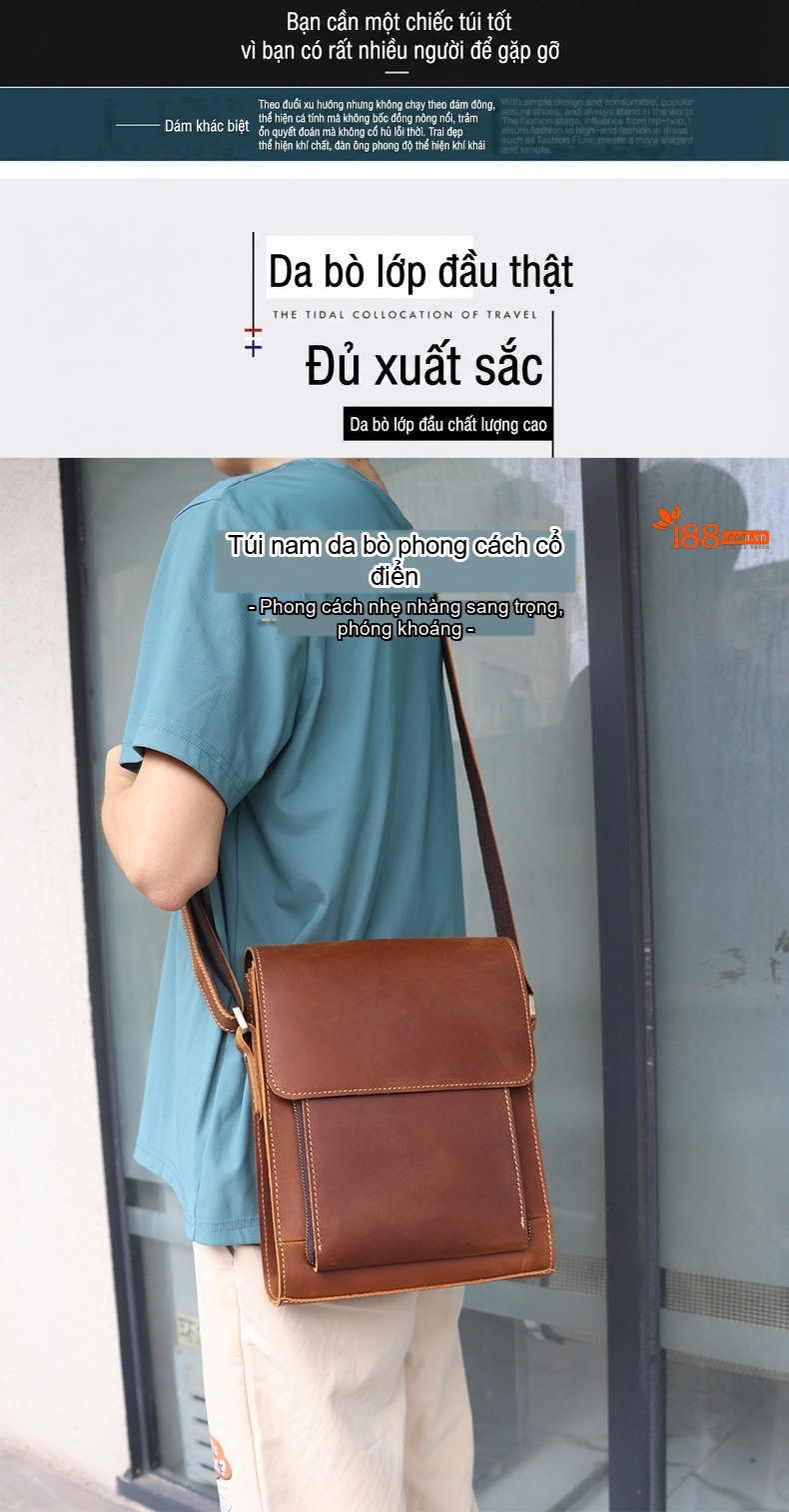 Túi Đeo Vai Nam Da Thật Mad Dog Kiểu Đứng Vintage Màu Nâu chi tiết 3