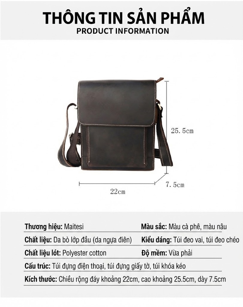 Túi Đeo Vai Nam Da Thật Mad Dog Kiểu Đứng Vintage Màu Nâu chi tiết 7