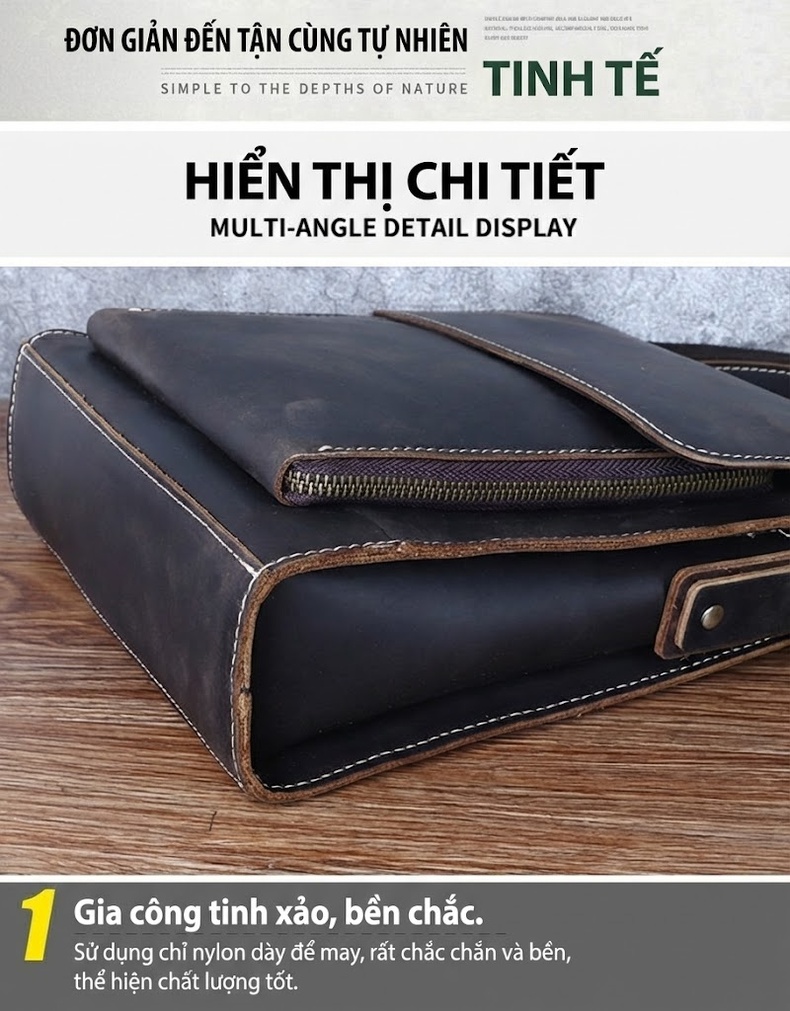 Túi Đeo Vai Nam Da Thật Mad Dog Kiểu Đứng Vintage Màu Nâu chi tiết 18
