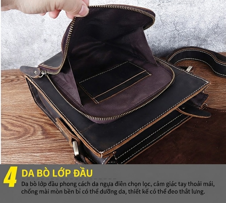 Túi Đeo Vai Nam Da Thật Mad Dog Kiểu Đứng Vintage Màu Nâu chi tiết 21