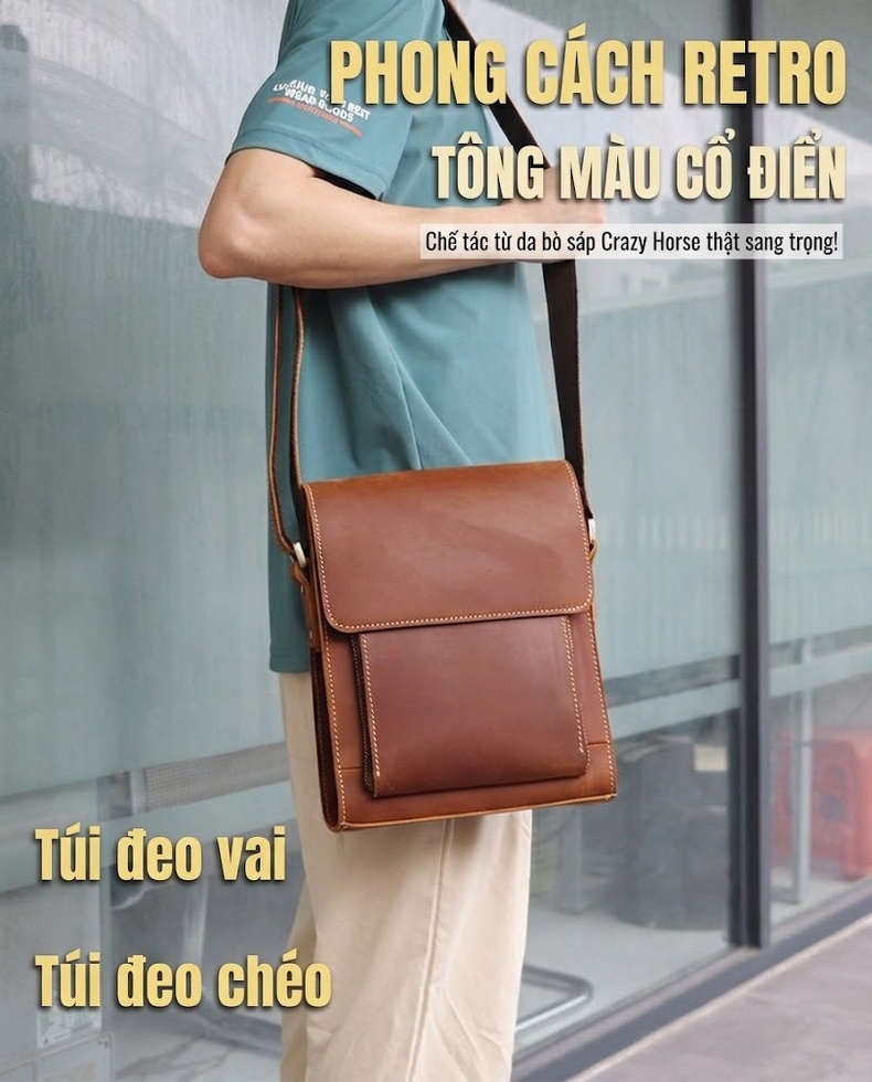 Túi Đeo Vai Nam Da Thật Mad Dog Kiểu Đứng Vintage Màu Nâu chi tiết 1