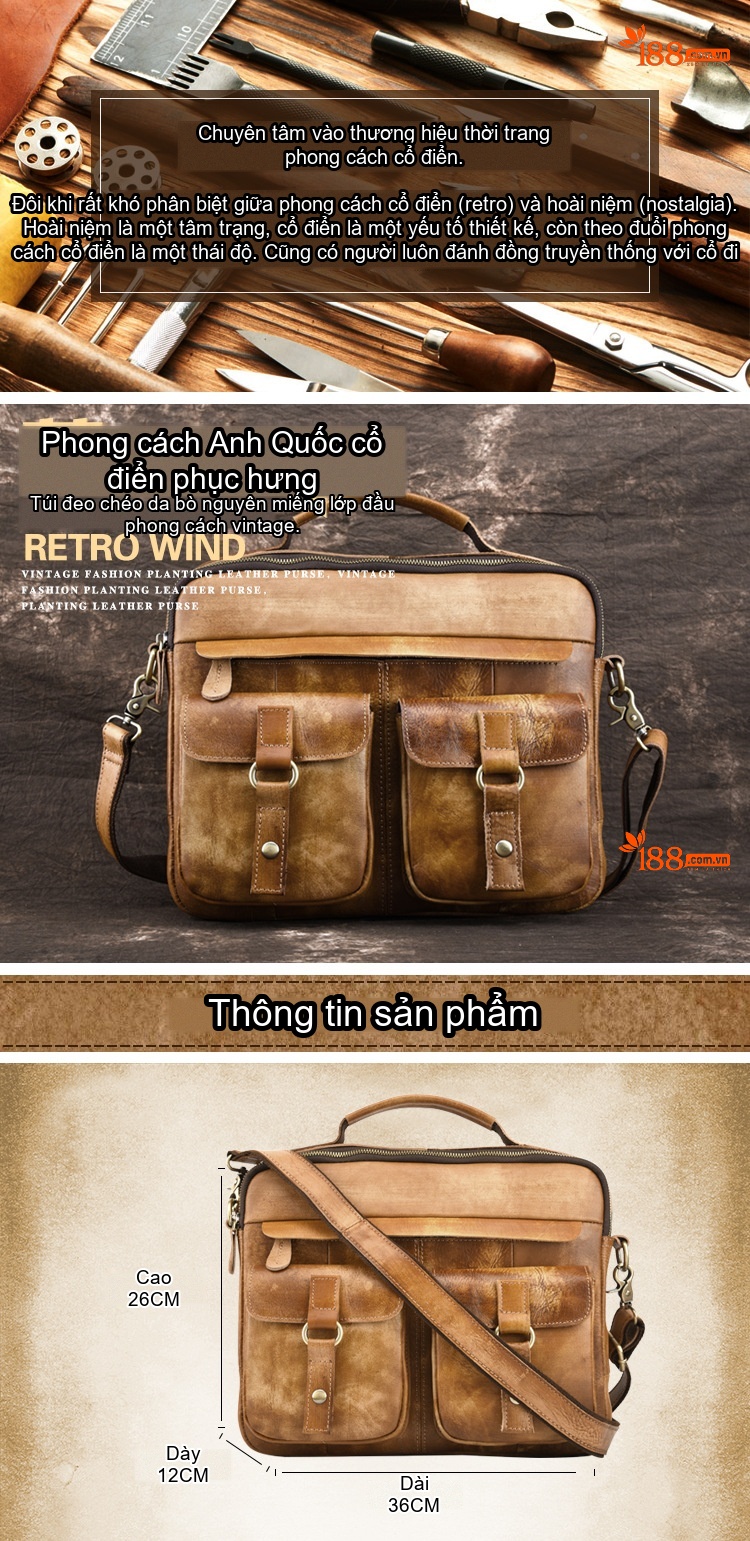 Túi Đeo Vai Nam Da Thật Mềm Mại Hai Ngăn Phong Cách Retro Màu Nâu chi tiết 1