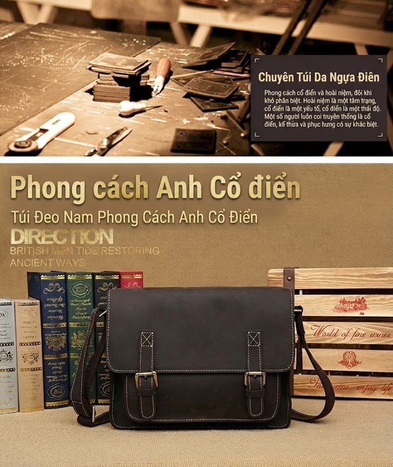 Túi Đeo Vai Nam Da Thật Thủ Công Vintage Da Bò Sáp Màu Nâu chi tiết 1