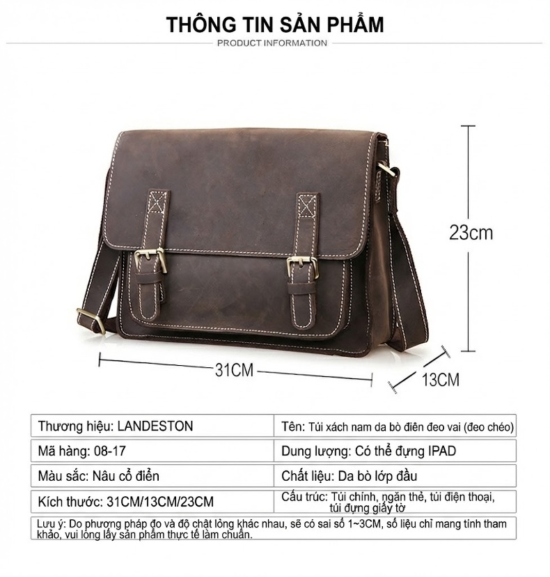 Túi Đeo Vai Nam Da Thật Thủ Công Vintage Da Bò Sáp Màu Nâu chi tiết 2