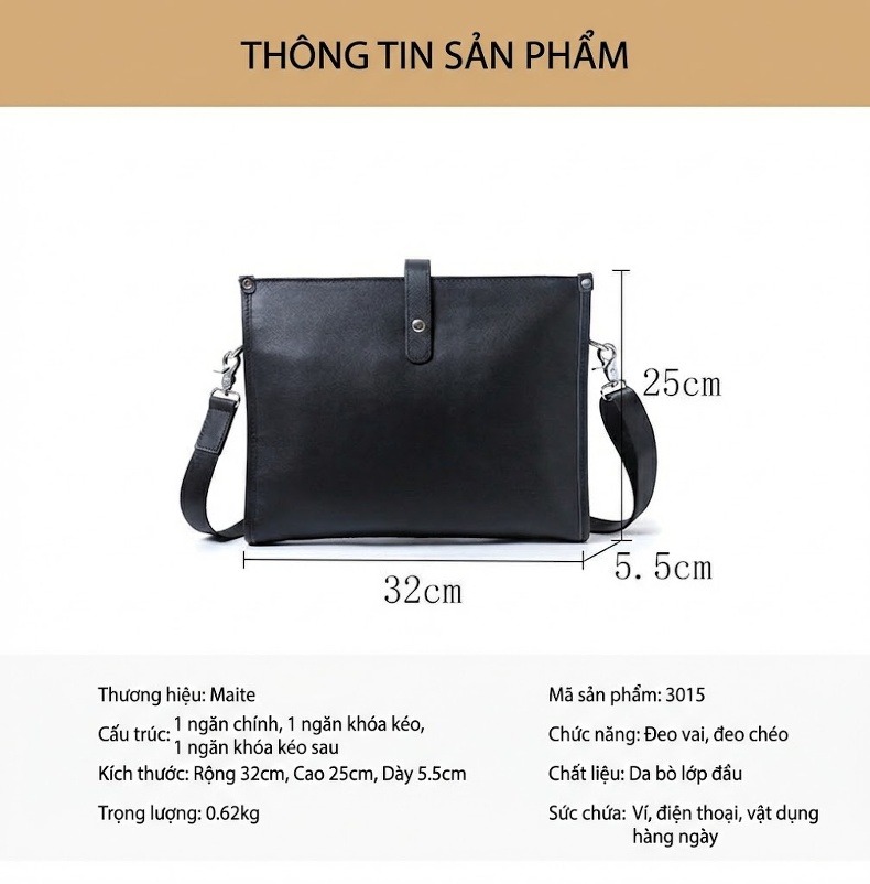 Túi Đeo Vai Nam Da Thật, Túi Đeo Chéo Công Sở, Túi Xách Tay Nam Lớn Màu Đen chi tiết 9