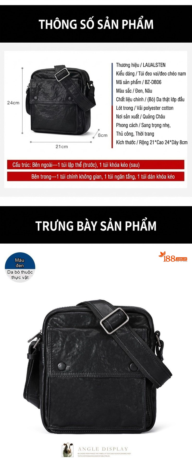 Túi Đeo Vai Nam Da Thật, Túi Đeo Chéo Nam Da Thật, Túi Messenger Nam Da Thật, Túi Da Công Sở Da Thật Màu Đen chi tiết 5