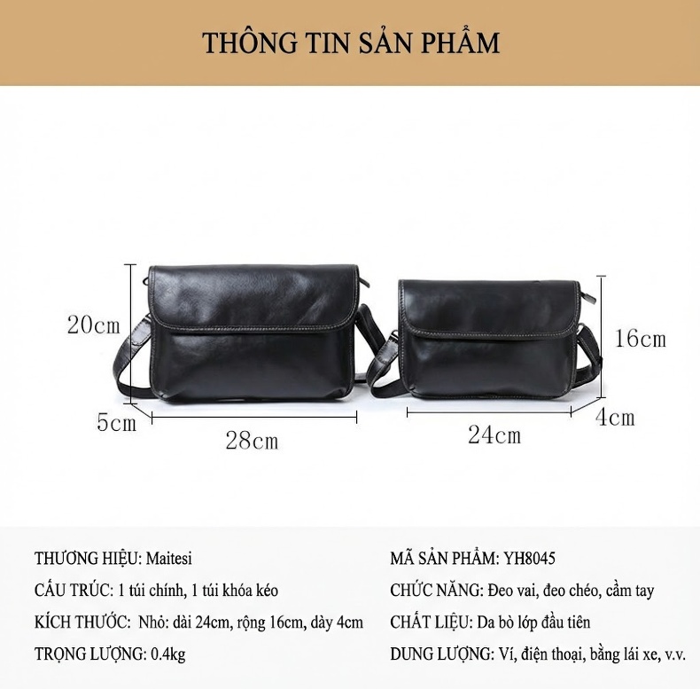 Túi Đeo Vai Nam Da Thật Túi Đeo Chéo Thời Trang Màu Đen chi tiết 9