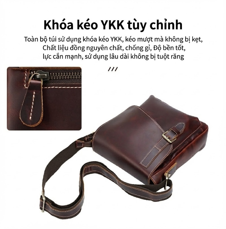 Túi Đeo Vai Nam Da Thật Vintage Dung Tích Lớn Đa Năng Màu Nâu Đỏ chi tiết 7