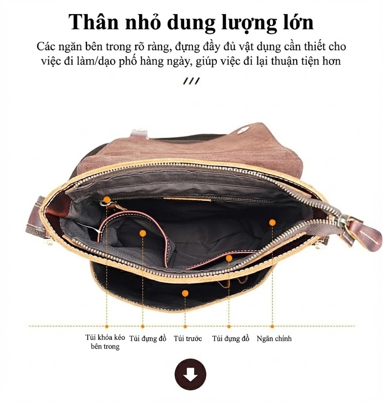 Túi Đeo Vai Nam Da Thật Vintage Dung Tích Lớn Đa Năng Màu Nâu Đỏ chi tiết 8