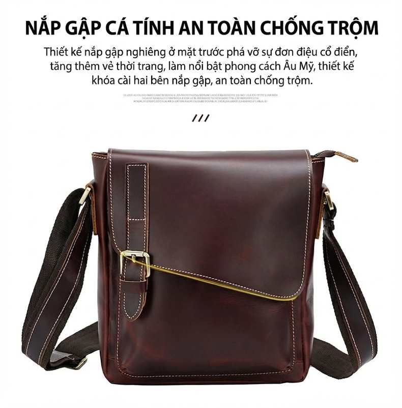 Túi Đeo Vai Nam Da Thật Vintage Dung Tích Lớn Đa Năng Màu Nâu Đỏ chi tiết 10