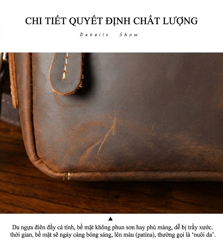 Túi Đeo Vai Nam Nữ Da Bò Thủ Công Mini Đựng Điện Thoại Màu Nâu chi tiết 13