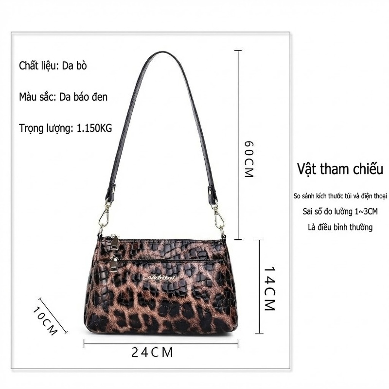 Túi Đeo Vai Nữ Da Báo Da Thật Dáng Vuông Quai Đeo Chéo Màu Đen, Nâu