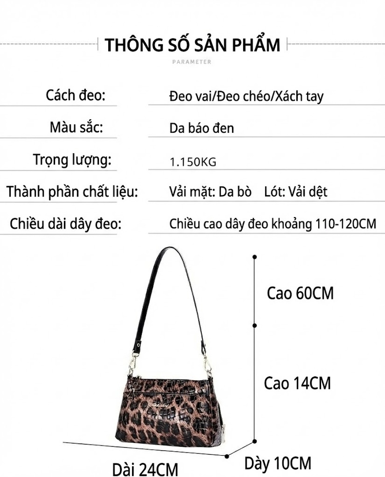 Túi Đeo Vai Nữ Da Báo Da Thật Dáng Vuông Quai Đeo Chéo Màu Đen, Nâu chi tiết 5