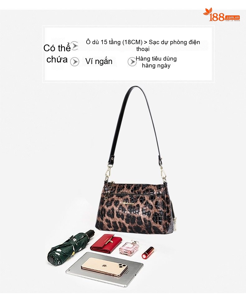 Túi Đeo Vai Nữ Da Báo Da Thật Dáng Vuông Quai Đeo Chéo Màu Đen, Nâu chi tiết 8