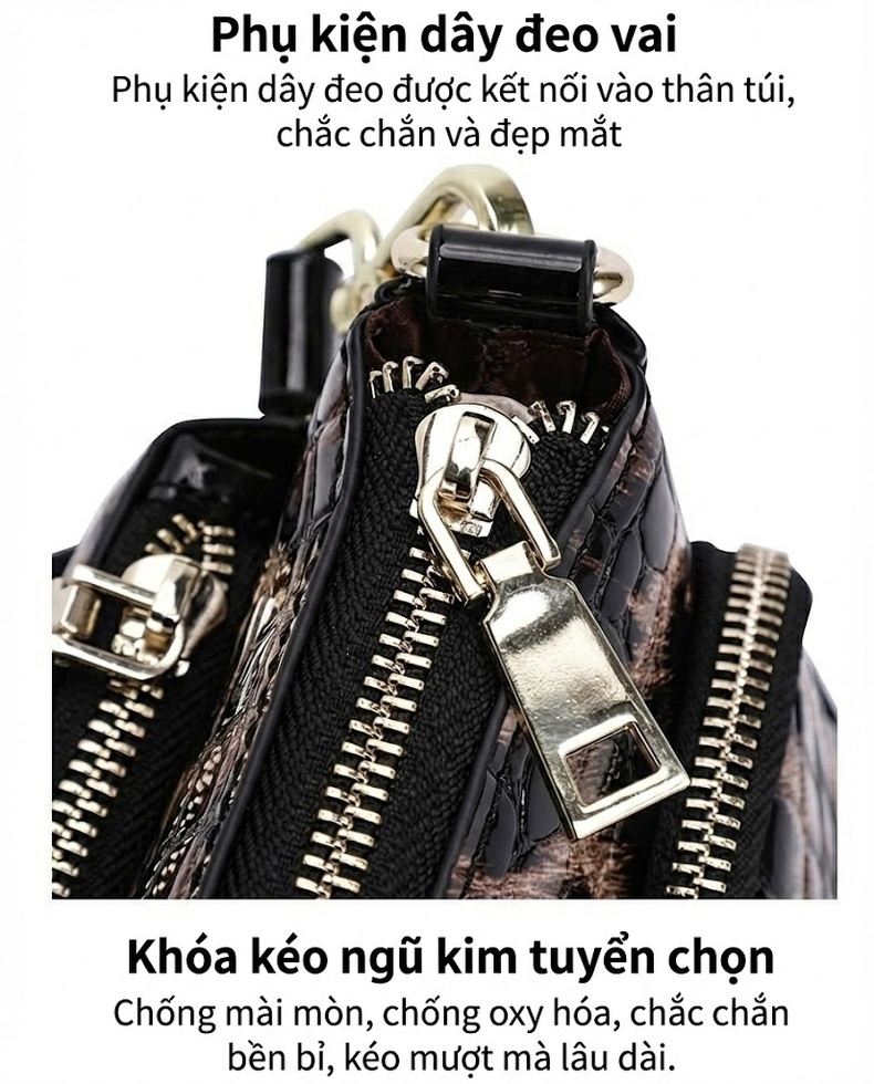 Túi Đeo Vai Nữ Da Báo Da Thật Dáng Vuông Quai Đeo Chéo Màu Đen, Nâu chi tiết 19