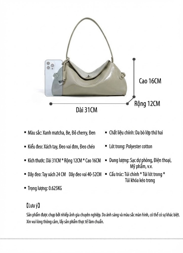 Túi Đeo Vai Nữ Da Bò Cao Cấp Phong Cách Pháp Màu Xám, Trắng, Đen chi tiết 9