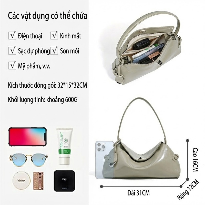 Túi Đeo Vai Nữ Da Bò Cao Cấp Phong Cách Pháp Màu Xám, Trắng, Đen