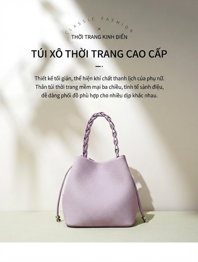 Túi Đeo Vai Nữ Da Bò Dáng Bucket Xách Tay Quai Bện Thời Trang Màu Xám, Tím, Nâu chi tiết 2