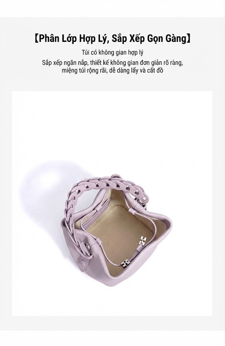 Túi Đeo Vai Nữ Da Bò Dáng Bucket Xách Tay Quai Bện Thời Trang Màu Xám, Tím, Nâu chi tiết 9