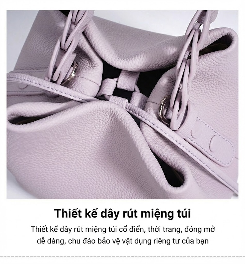 Túi Đeo Vai Nữ Da Bò Dáng Bucket Xách Tay Quai Bện Thời Trang Màu Xám, Tím, Nâu chi tiết 13