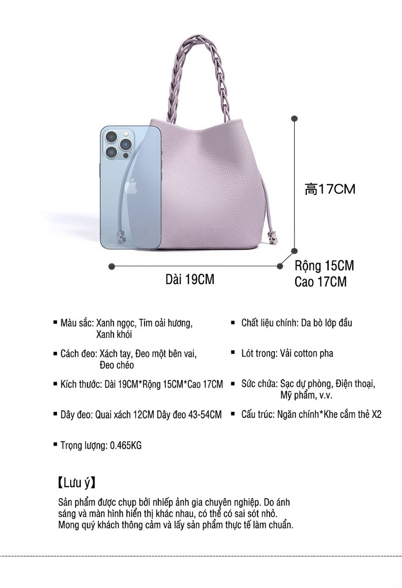Túi Đeo Vai Nữ Da Bò Dáng Bucket Xách Tay Quai Bện Thời Trang Màu Xám, Tím, Nâu chi tiết 8