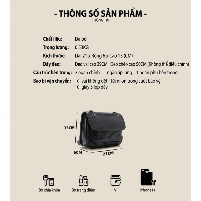 Túi Đeo Vai Nữ Da Bò Dáng Hobo Niki Đeo Chéo Một Bên Vai Màu Đen