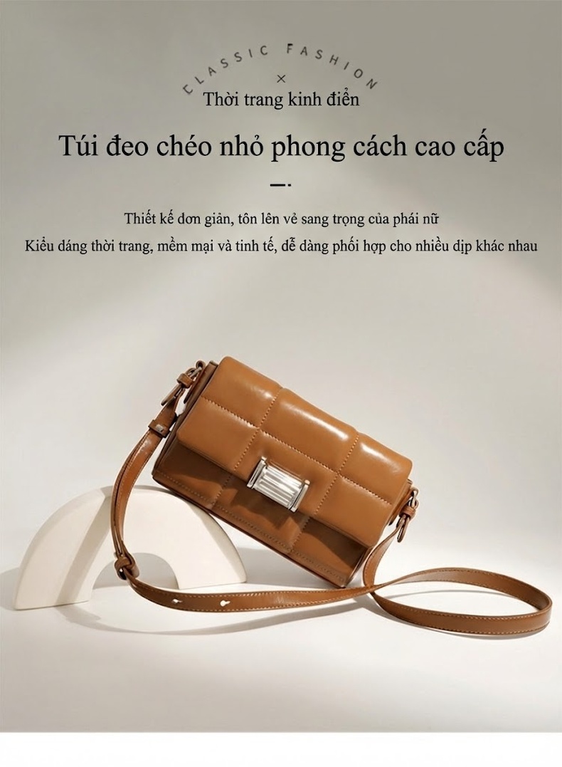 Túi Đeo Vai Nữ Da Bò Dáng Hộp Chần Ô Khóa Cài Phong Cách Tiểu Thư Màu Kem, Nâu chi tiết 2