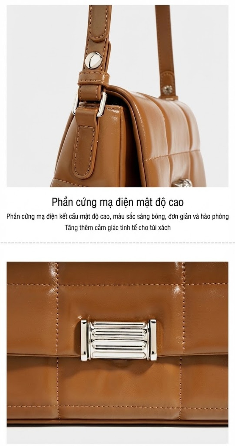 Túi Đeo Vai Nữ Da Bò Dáng Hộp Chần Ô Khóa Cài Phong Cách Tiểu Thư Màu Kem, Nâu chi tiết 8