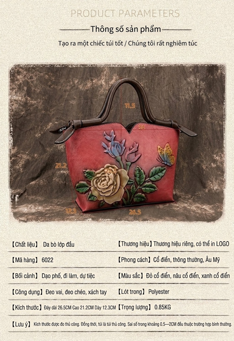 Túi Đeo Vai Nữ Da Bò Dáng Hộp Chữ Nhật Vintage Dung Tích Lớn Màu Đỏ, Xanh Lá, Nâu chi tiết 4