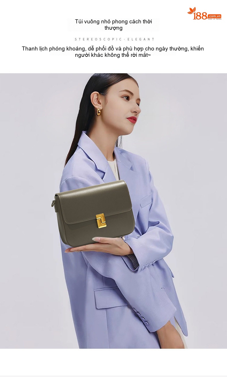 Túi Đeo Vai Nữ Da Bò Dáng Hộp Khóa Cài Phong Cách Hàn Quốc Màu Trắng Kem, Nâu, Xám, Đen chi tiết 11