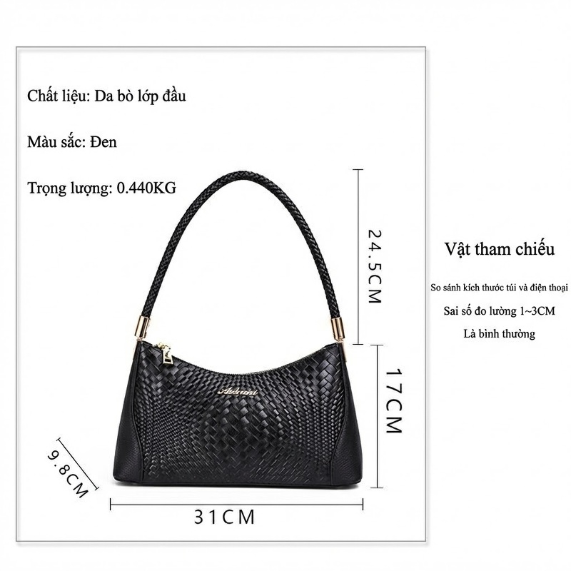 Túi Đeo Vai Nữ Da Bò Dáng Kẹp Nách Họa Tiết Đan Thời Trang Màu Đen