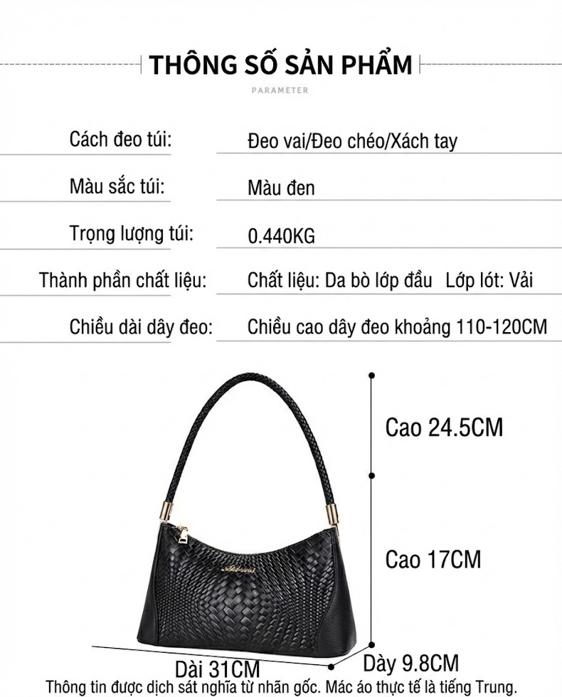 Túi Đeo Vai Nữ Da Bò Dáng Kẹp Nách Họa Tiết Đan Thời Trang Màu Đen chi tiết 5
