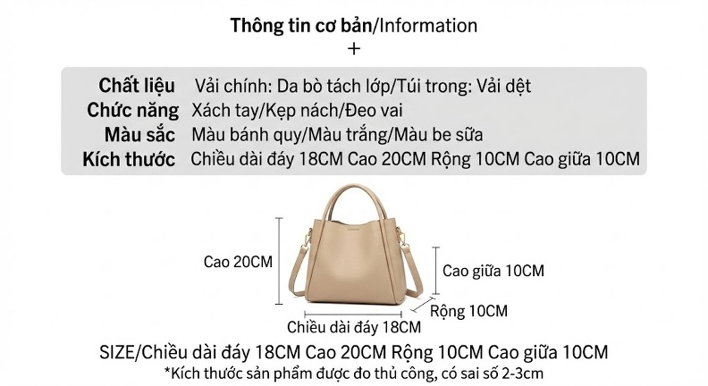 Túi Đeo Vai Nữ Da Bò Dáng Thùng Cỡ Nhỏ Phong Cách Thanh Lịch Màu Nâu, Kem chi tiết 9