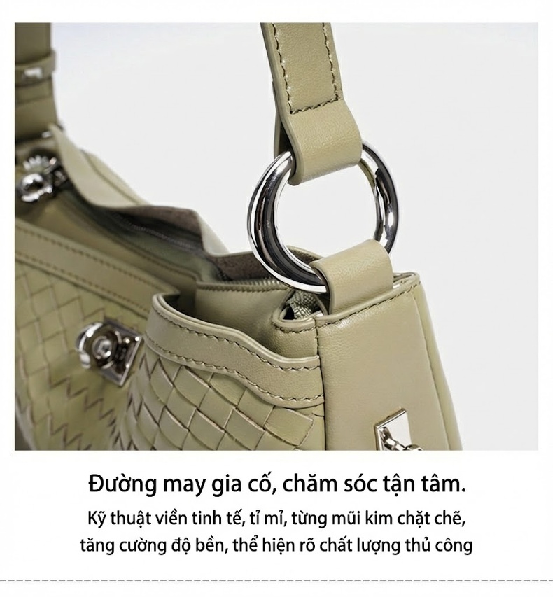 Túi Đeo Vai Nữ Da Bò Dáng Trăng Khuyết Thiết Kế Đan Dây Màu Nâu, Xanh Olive chi tiết 17