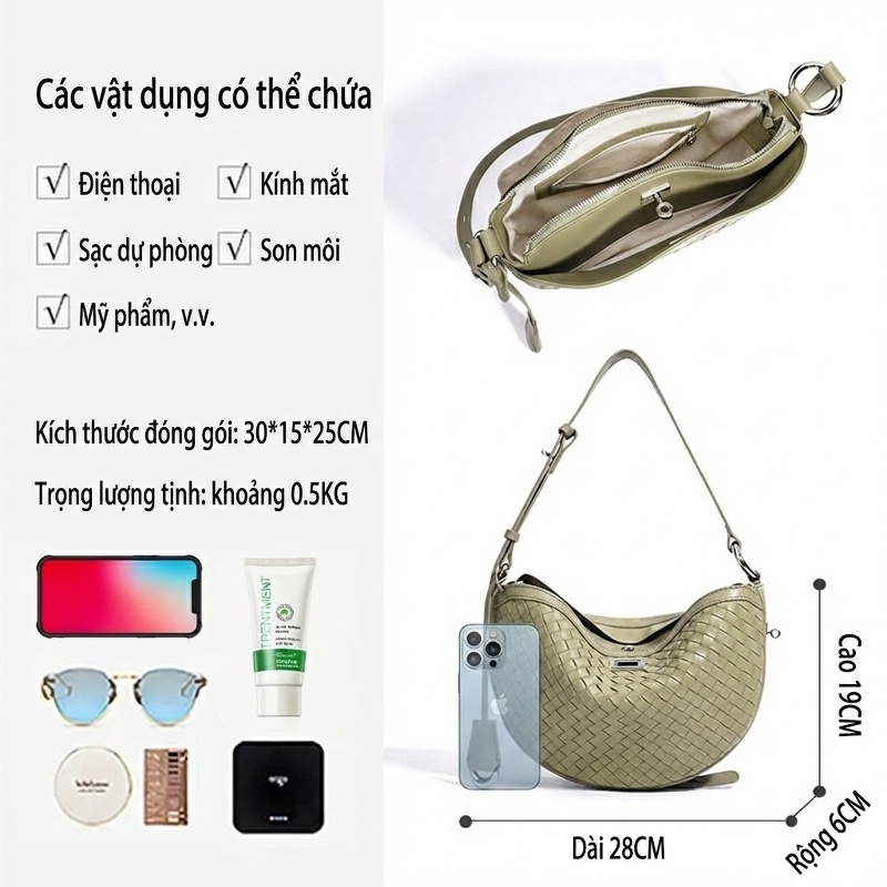 Túi Đeo Vai Nữ Da Bò Dáng Trăng Khuyết Thiết Kế Đan Dây Màu Nâu, Xanh Olive