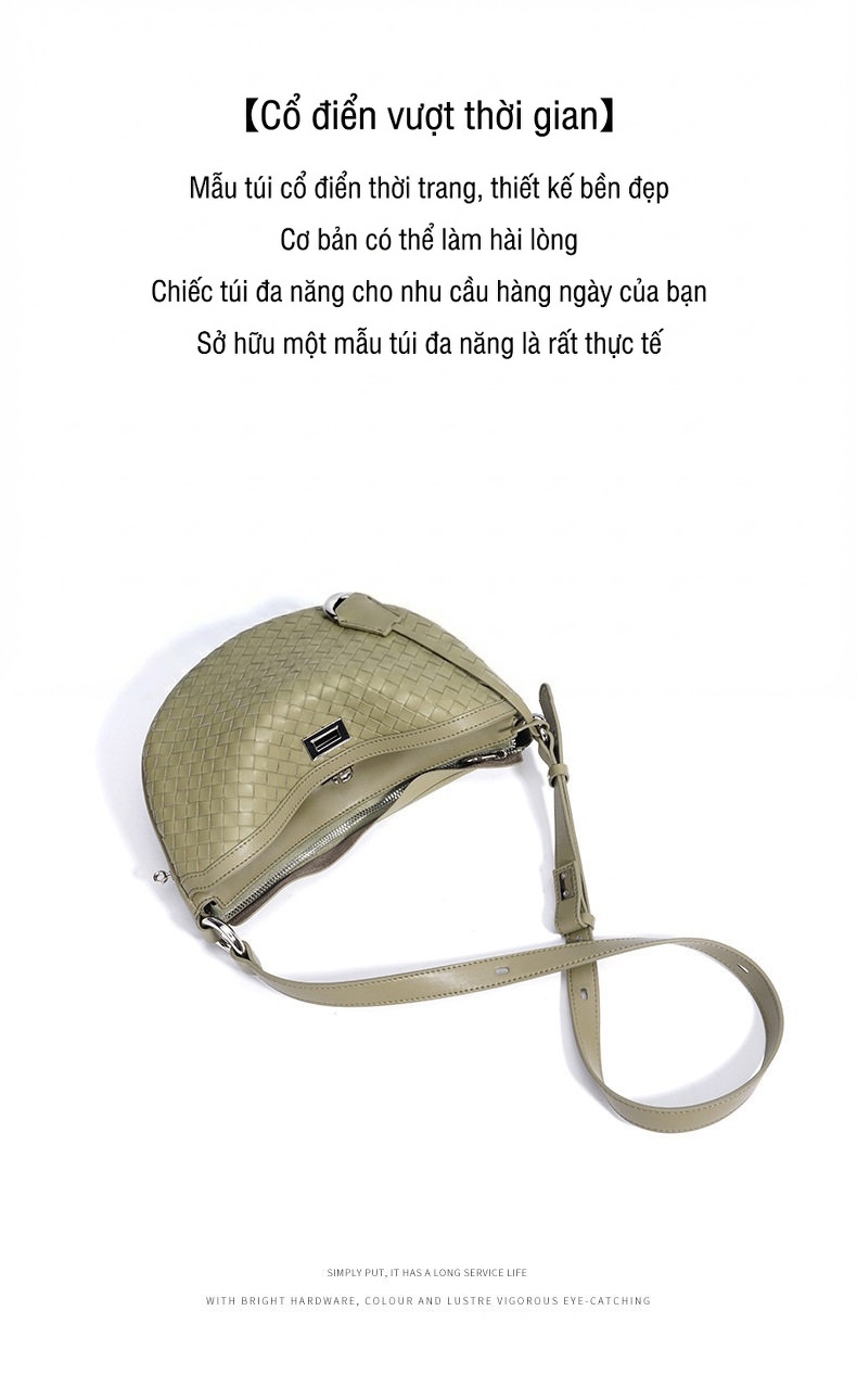 Túi Đeo Vai Nữ Da Bò Dáng Trăng Khuyết Thiết Kế Đan Dây Màu Nâu, Xanh Olive chi tiết 8