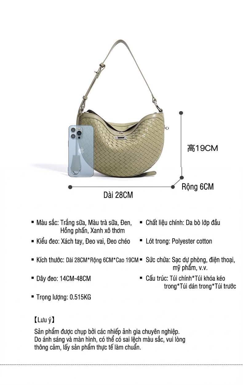Túi Đeo Vai Nữ Da Bò Dáng Trăng Khuyết Thiết Kế Đan Dây Màu Nâu, Xanh Olive chi tiết 9