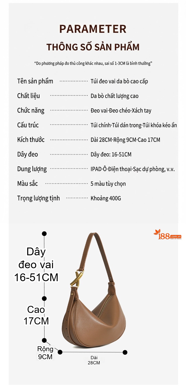 Túi Đeo Vai Nữ Da Bò Dáng Trăng Khuyết, Túi Kẹp Nách Đựng Vừa Ipad Màu Nâu chi tiết 3